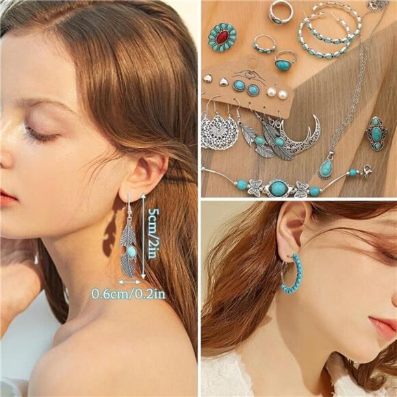 24 Pcs Western Jewelry for Women Boho Set Bohemian Turquoise Jewelry Set - Picture 4 of 6